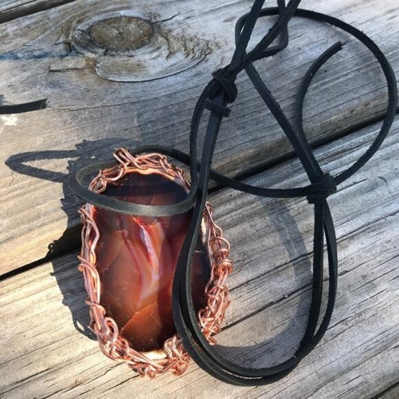 Pendant Agate Sard Copper Tribal Leather Carnelian Unisex Rustic Burning Man - Picture 4 of 10